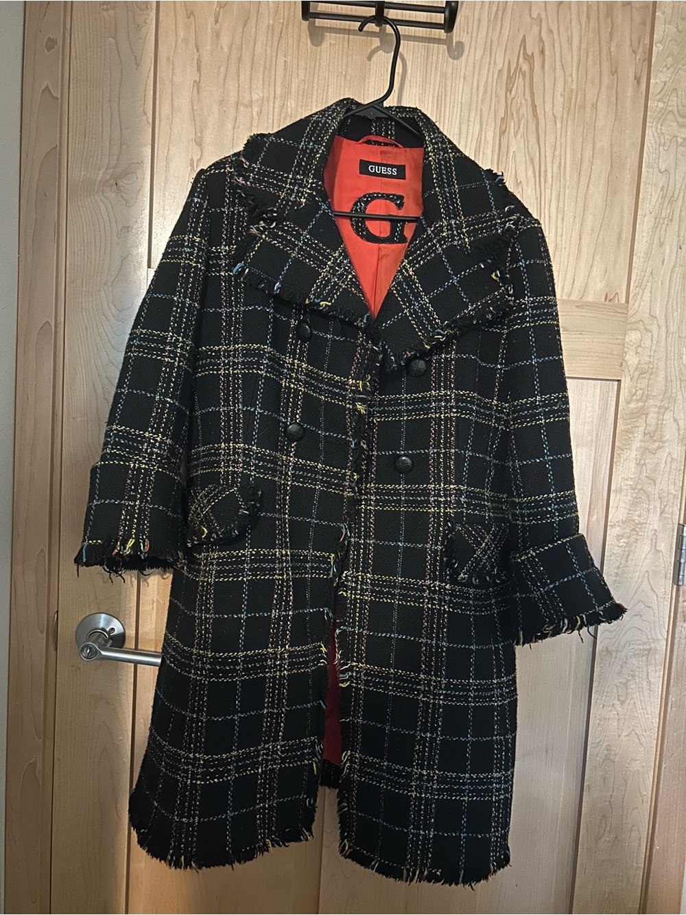 GUESS Black Plaid Tweed Double-Breasted Coat with Red Lining